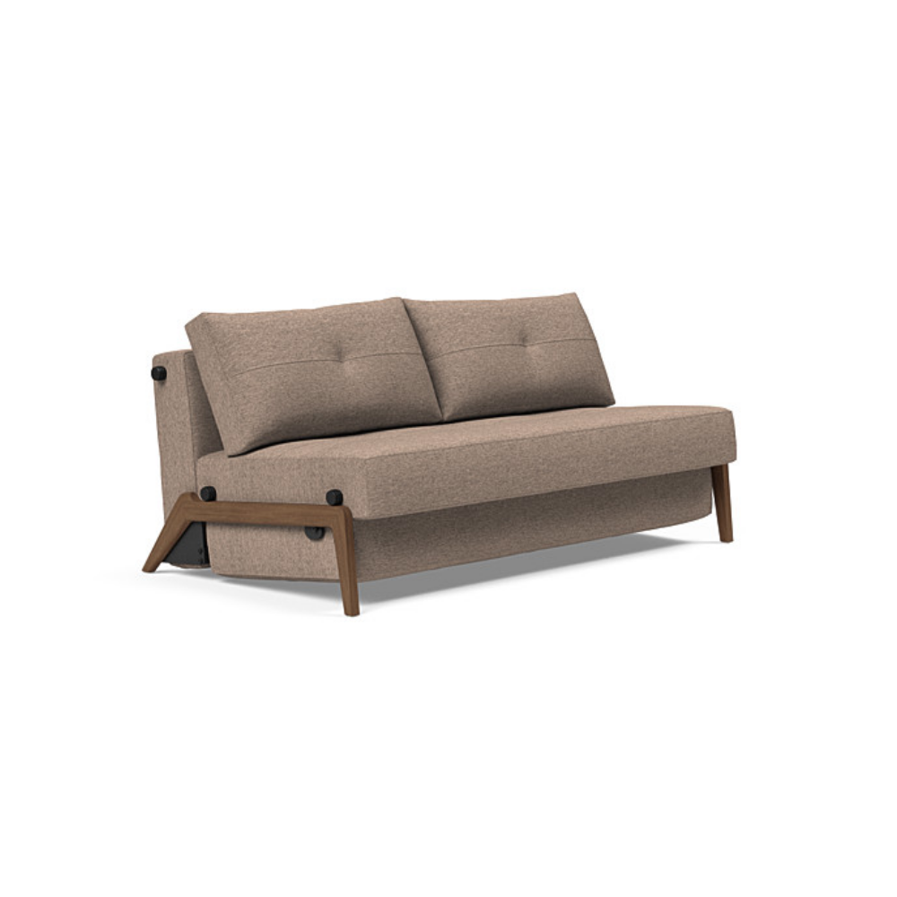 The Cubed Queen Size Sleeper Sofa with Wood Legs from Innovation Living with dark lacquered oak legs and halifax wicker 367 upholstery setup as a sofa.