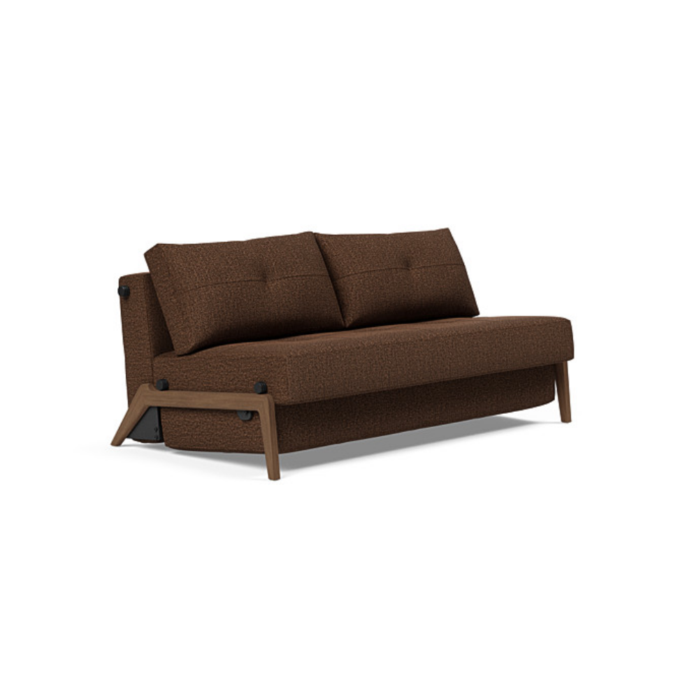The Cubed Queen Size Sleeper Sofa with Wood Legs from Innovation Living with dark lacquered oak legs and taura cappuccino 359 upholstery setup as a sofa.
