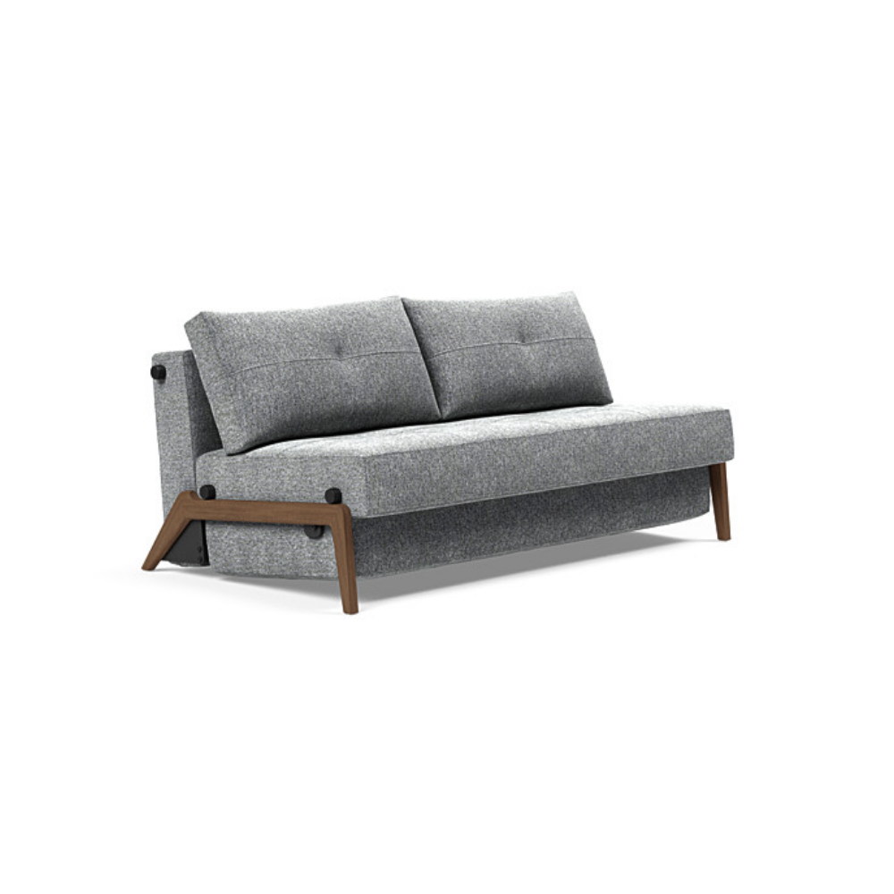 The Cubed Queen Size Sleeper Sofa with Wood Legs from Innovation Living with dark lacquered oak legs and taura slate grey 351 upholstery setup as a sofa.