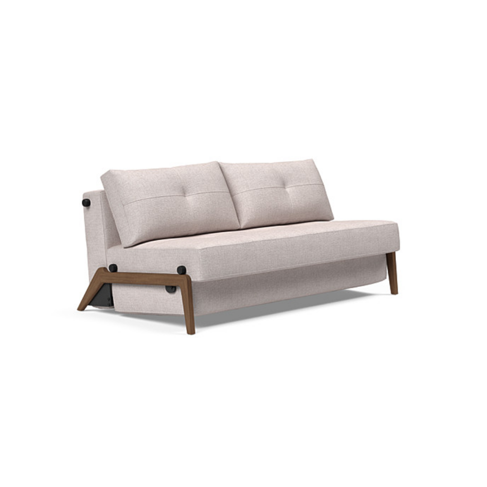 The Cubed Queen Size Sleeper Sofa with Wood Legs from Innovation Living with dark lacquered oak legs and weda sand 300 upholstery setup as a sofa.