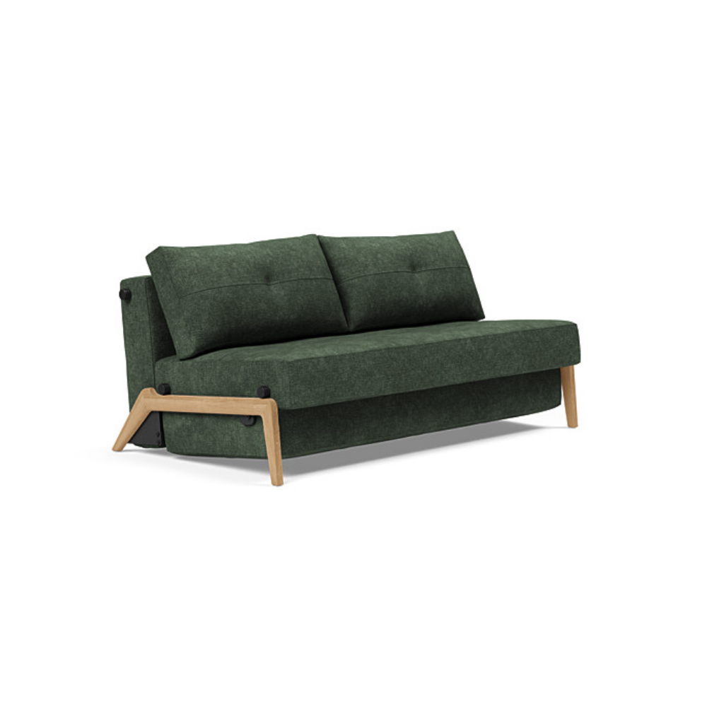 The Cubed Queen Size Sleeper Sofa with Wood Legs from Innovation Living with lacquered oak legs and avella pine green 281 upholstery setup as a sofa.
