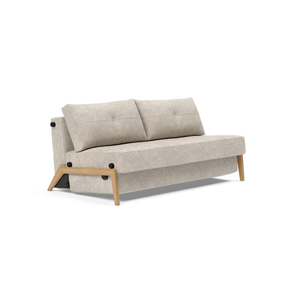 The Cubed Queen Size Sleeper Sofa with Wood Legs from Innovation Living with lacquered oak legs and avella sand 280 upholstery setup as a sofa.