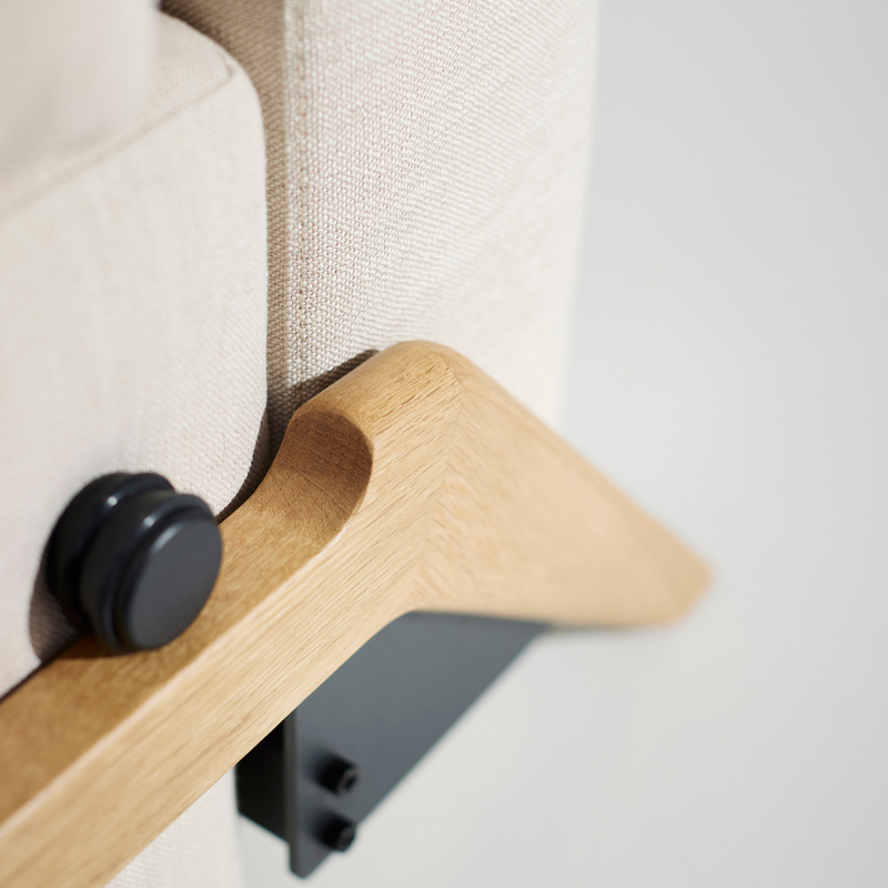 The Cubed Queen Size Sleeper Sofa with Wood Legs from Innovation Living with lacquered oak legs and blida sand grey 612 upholstery focusing on the construction. all-groups