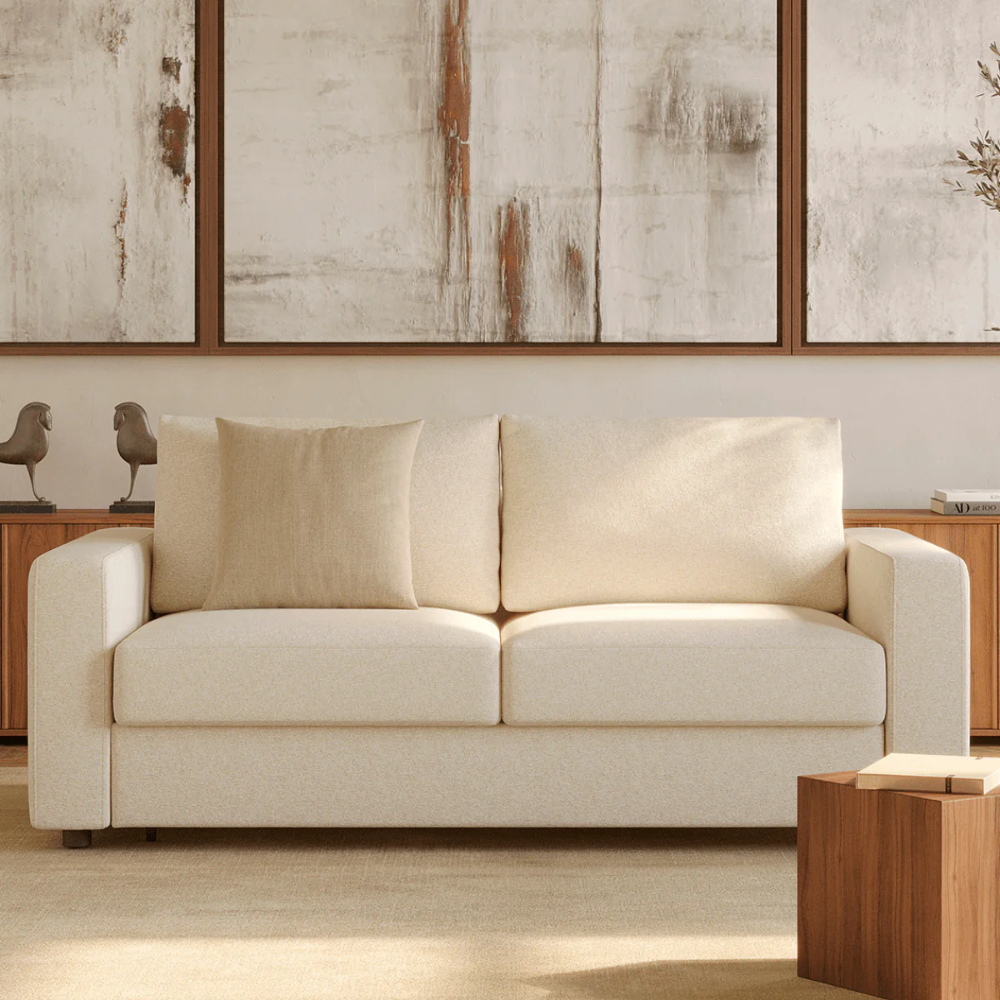 Innovation Living Neah Full Size Sofa Bed with standard arms in Halifax Shell 365 upholstery in a living room.