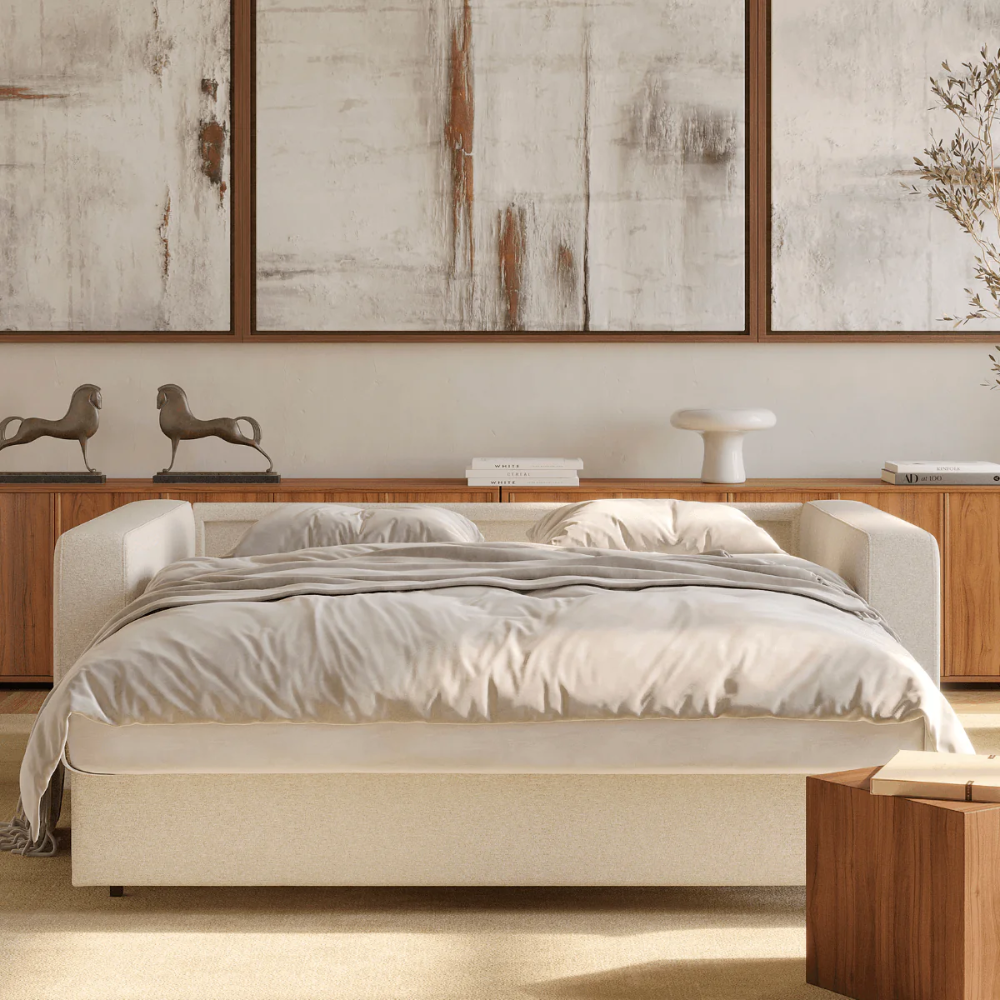 Innovation Living Neah Full Size Sofa Bed with standard arms in Halifax Shell 365 upholstery in a living room with bed pulled out.