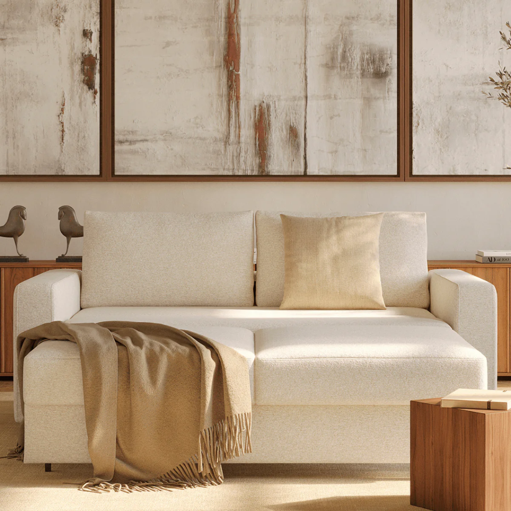 Innovation Living Neah Full Size Sofa Bed with standard arms in Halifax Shell 365 upholstery in a living room.