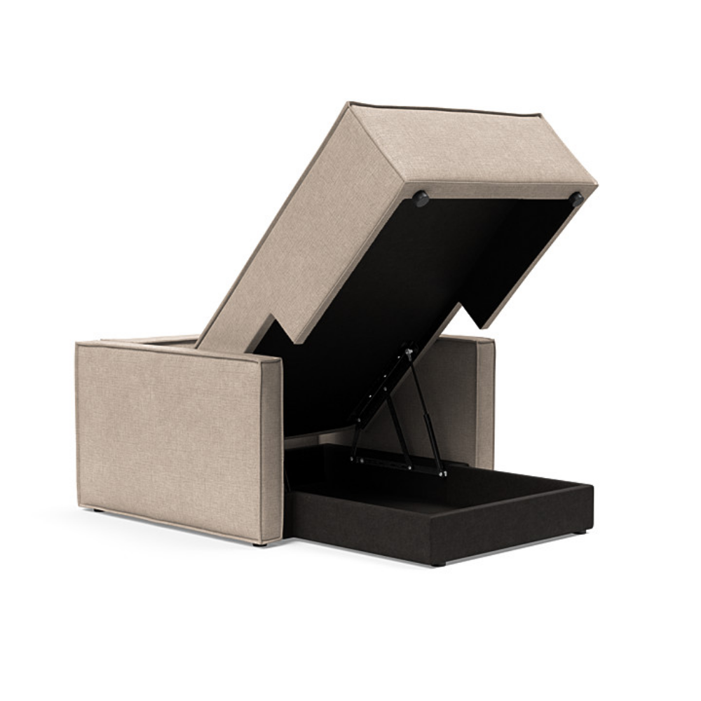 The Newilla Lounger Chair with Slim Arms with adario taupe 257 upholstery open showing the integrated storage.