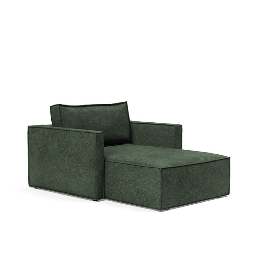 The Newilla Lounger Chair with Slim Arms with avella pine green 281 upholstery setup as a lounge chair.