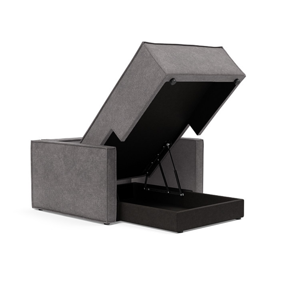 The Newilla Lounger Chair with Slim Arms with avella warm grey 282 upholstery open showing the integrated storage.