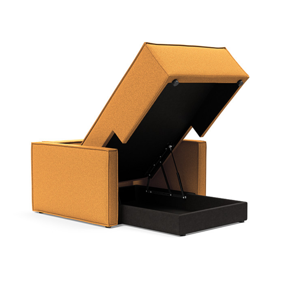 The Newilla Lounger Chair with Slim Arms with boucle ochre 536 upholstery open showing the integrated storage.