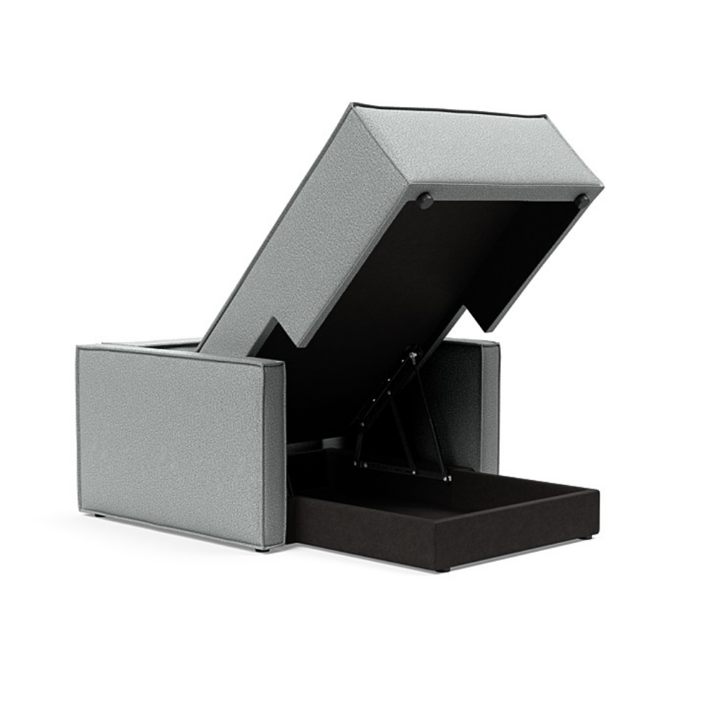 The Newilla Lounger Chair with Slim Arms with melange light grey 538 upholstery open showing the integrated storage.