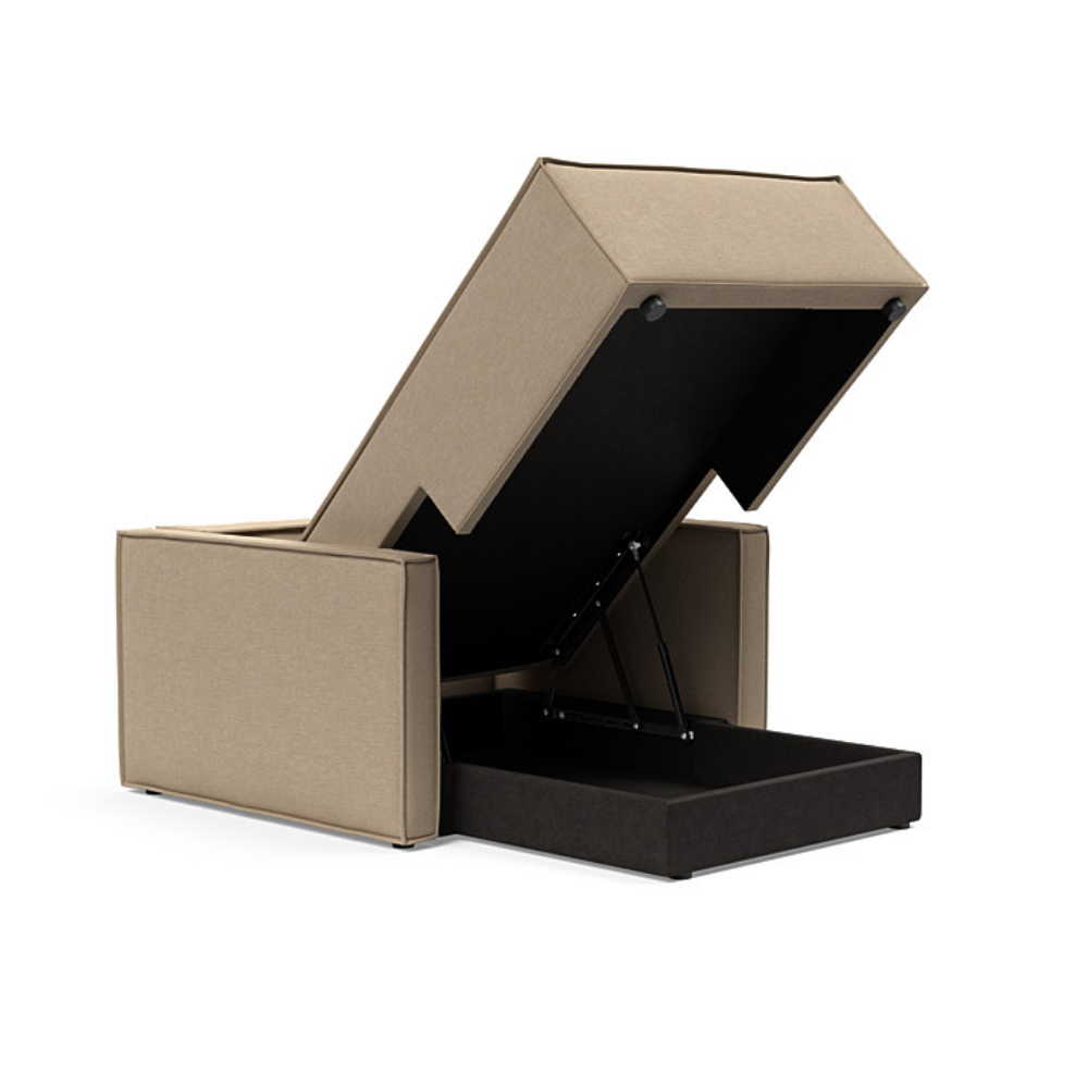 The Newilla Lounger Chair with Slim Arms with phobos mocha 587 upholstery open showing the integrated storage.