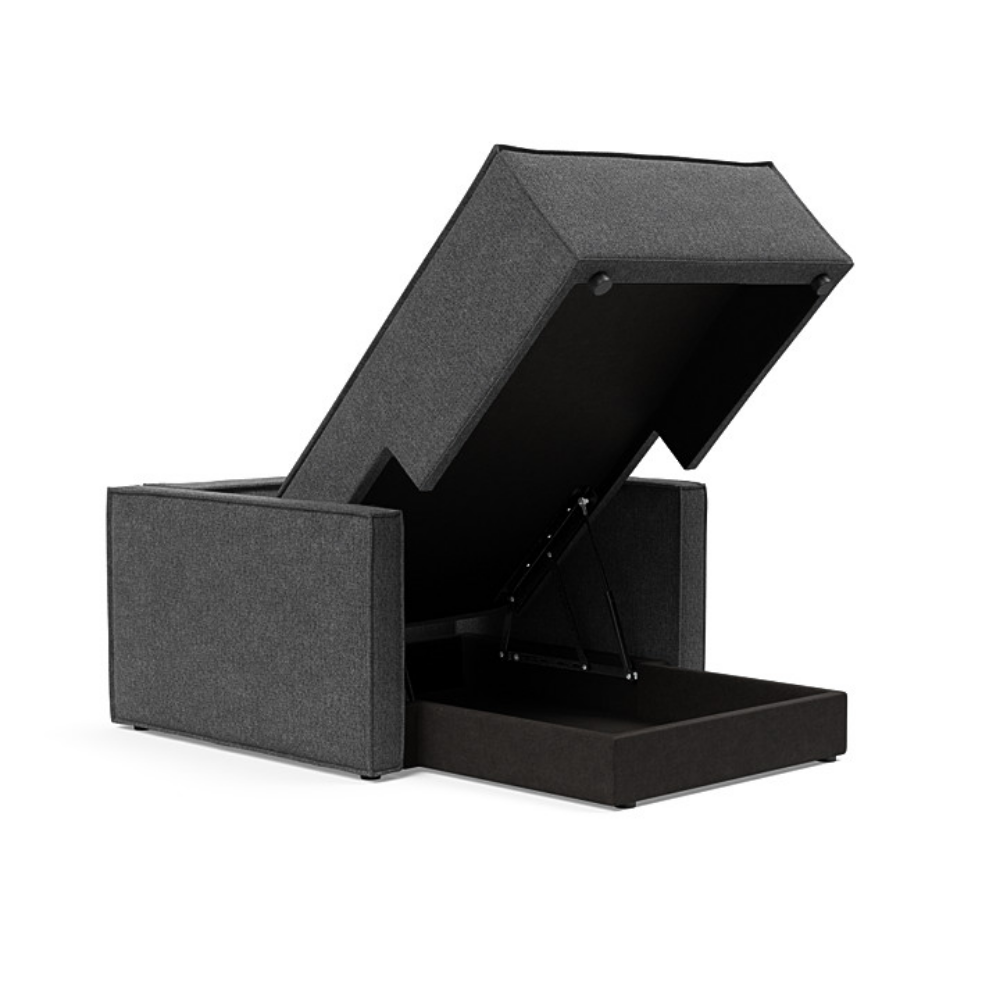 The Newilla Lounger Chair with Slim Arms with taura deep grey 350 upholstery open showing the integrated storage.