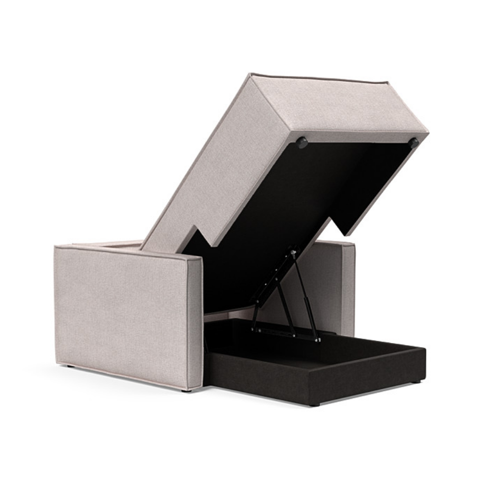 The Newilla Lounger Chair with Slim Arms with weda sand 300 upholstery open showing the integrated storage.