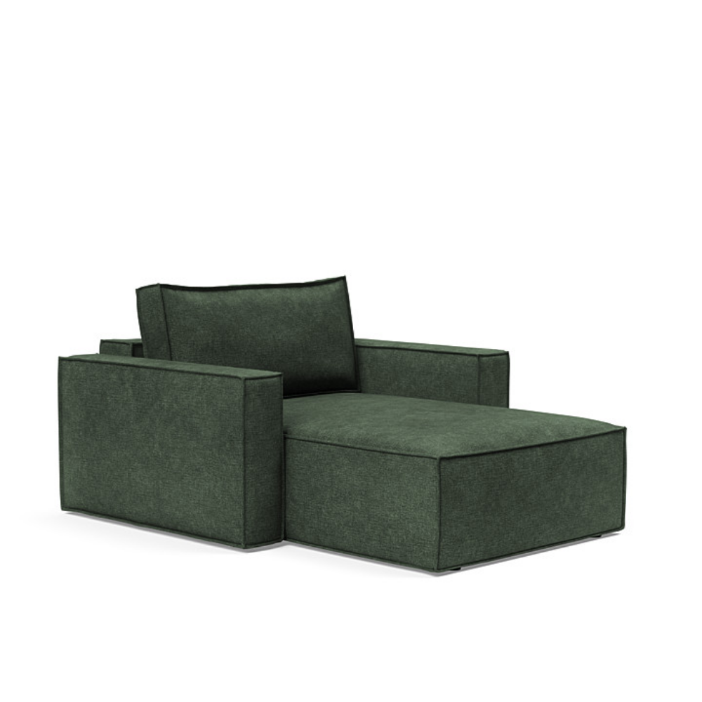 The Newilla Lounger Chair with Standard Arms from Innovation Living with avella pine green 281 upholstery setup as a lounge chair.