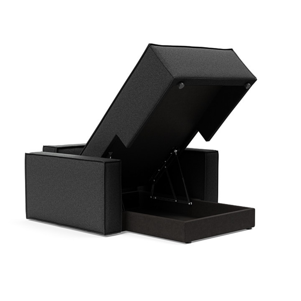 The Newilla Lounger Chair with Standard Arms from Innovation Living with boucle charcoal 529 upholstery open and showing the internal storage.