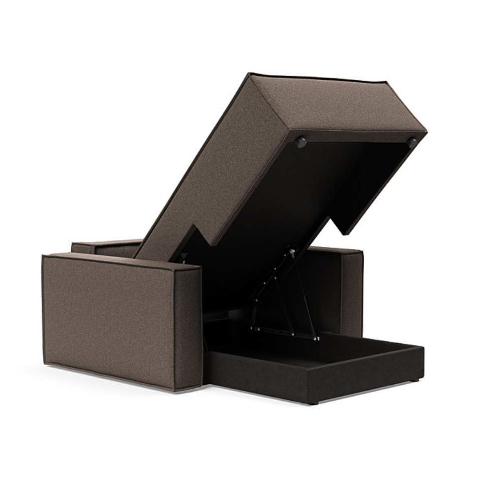 The Newilla Lounger Chair with Standard Arms from Innovation Living with boucle taupe 530 upholstery open and showing the internal storage.