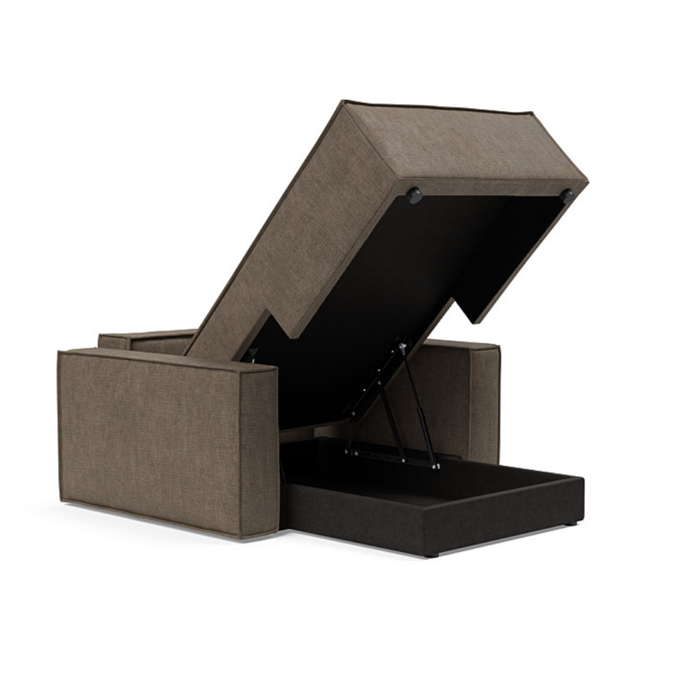 The Newilla Lounger Chair with Standard Arms from Innovation Living with esina cedar brown 411 upholstery open and showing the internal storage.