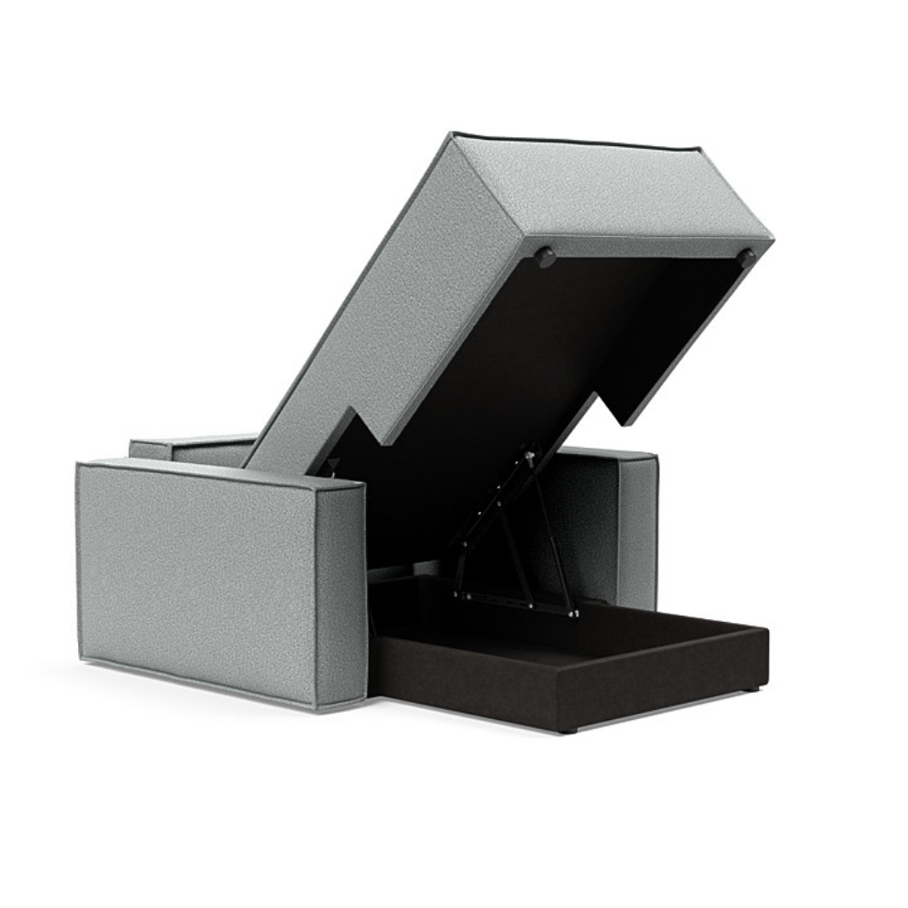 The Newilla Lounger Chair with Standard Arms from Innovation Living with melange light grey 538 upholstery open and showing the internal storage.