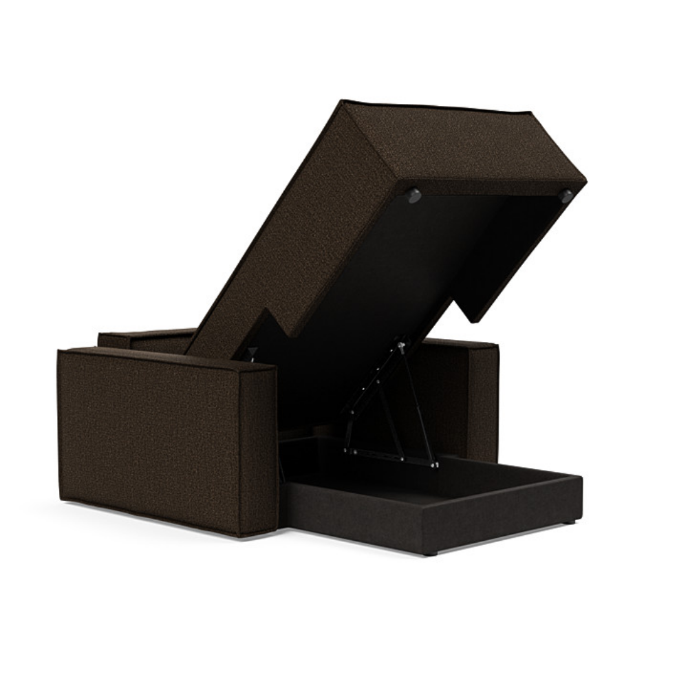 The Newilla Lounger Chair with Standard Arms from Innovation Living with taura chocco 358 upholstery open and showing the internal storage.