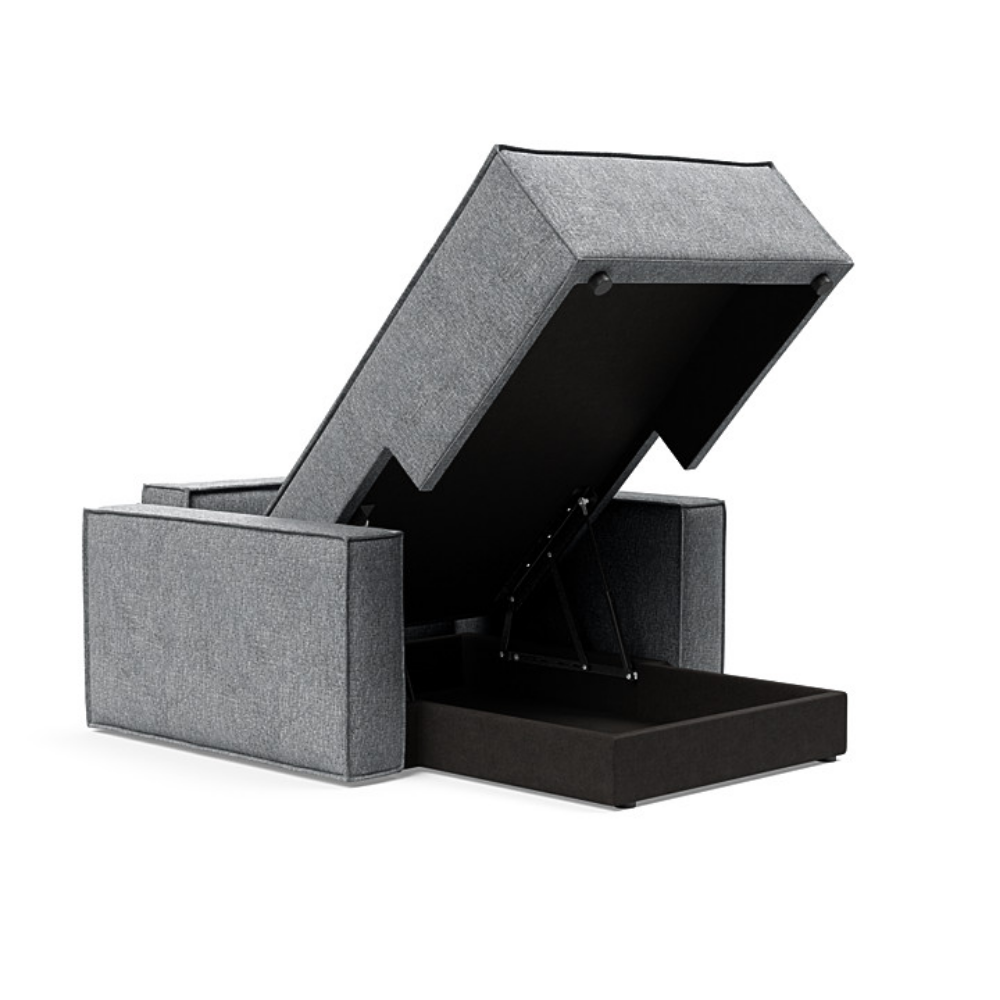 The Newilla Lounger Chair with Standard Arms from Innovation Living with twist granite 565 upholstery open and showing the internal storage.