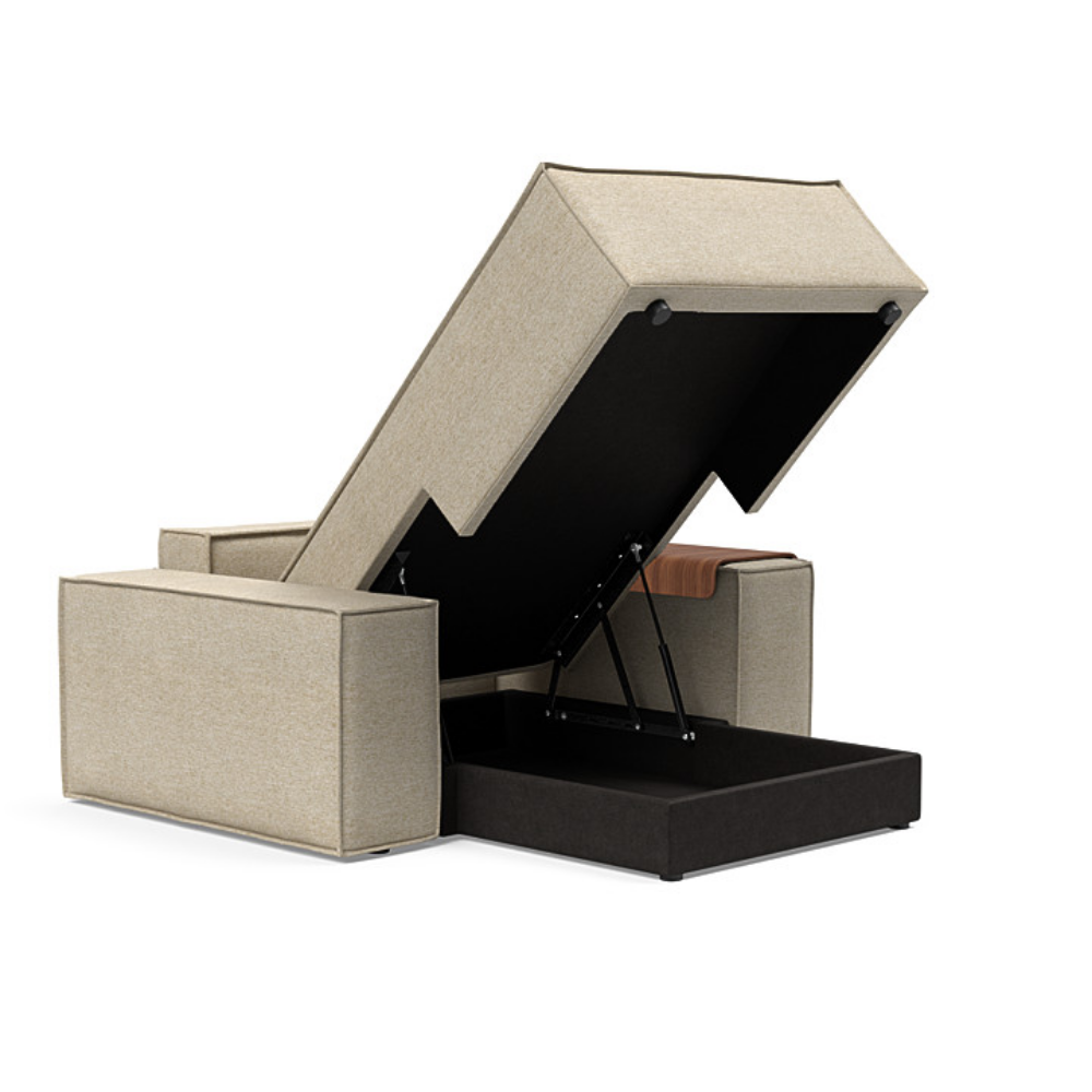 The Newilla Lounger Chair with Wide Arms from Innovation Living with halifax antique 366 upholstery open showing the internal storage.