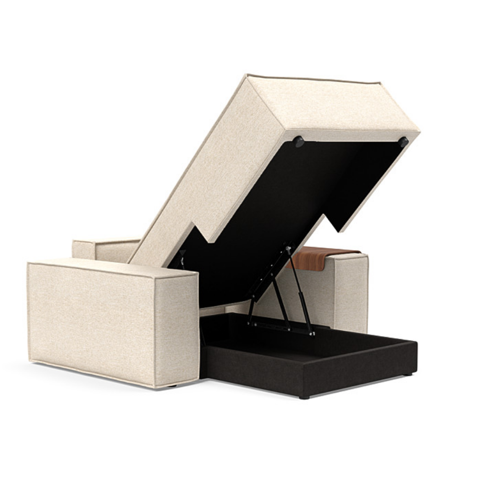 The Newilla Lounger Chair with Wide Arms from Innovation Living with halifax shell 365 upholstery open showing the internal storage.