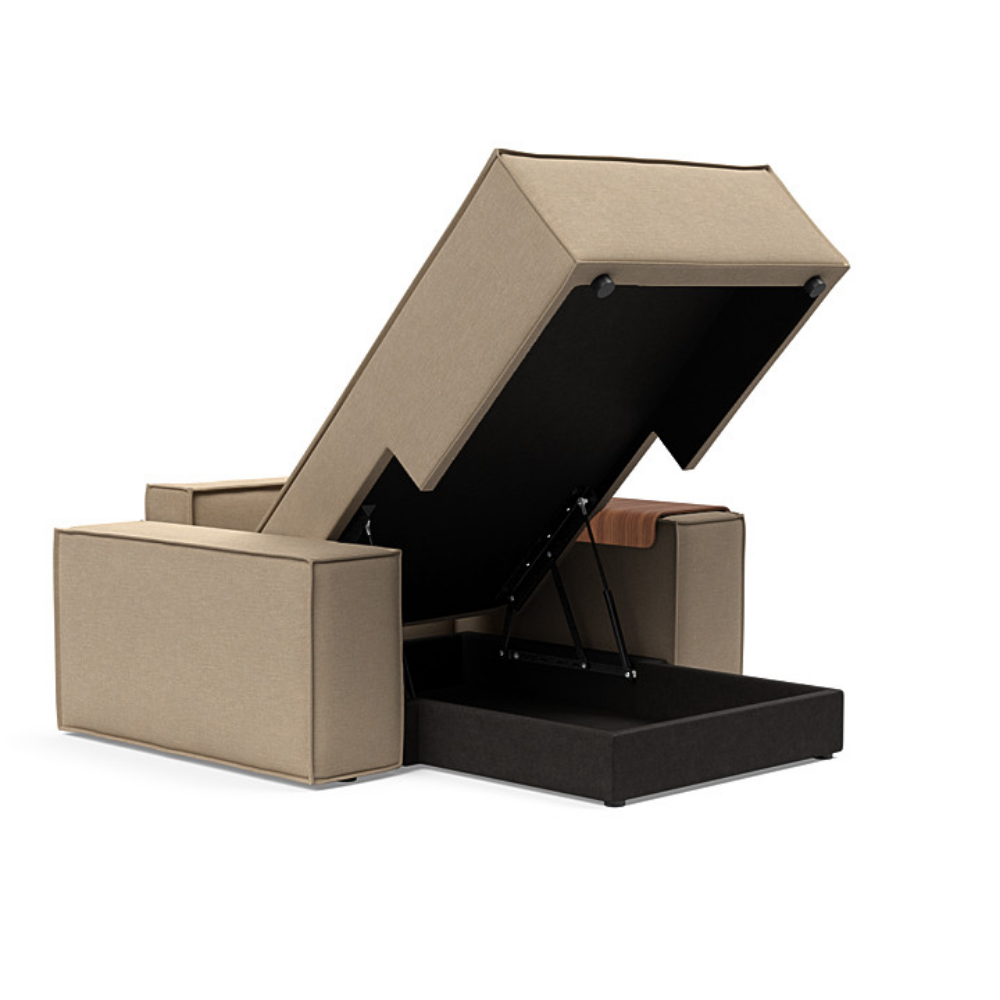 The Newilla Lounger Chair with Wide Arms from Innovation Living with phobos mocha 587 upholstery open showing the internal storage.