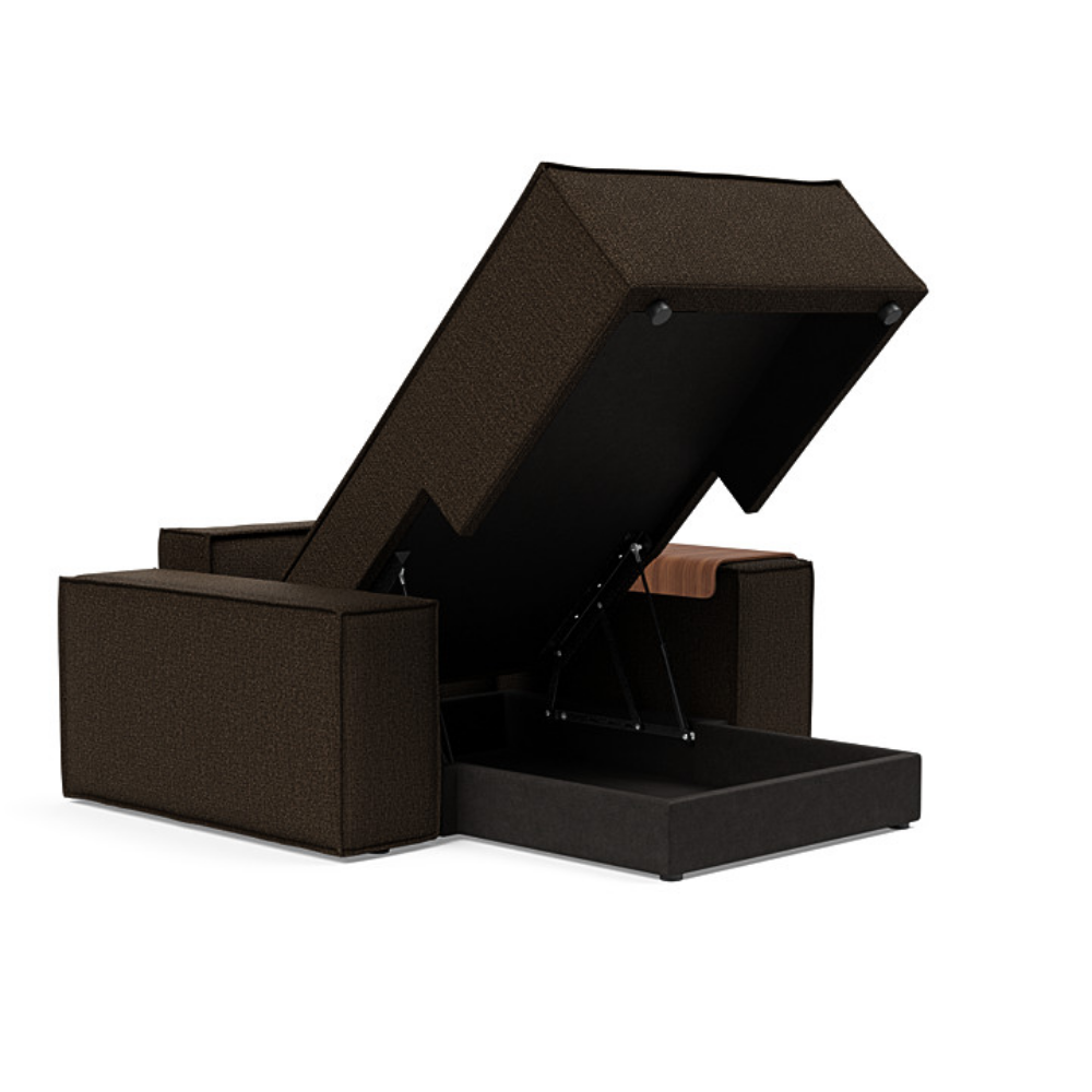 The Newilla Lounger Chair with Wide Arms from Innovation Living with taura chocco 358 upholstery open showing the internal storage.