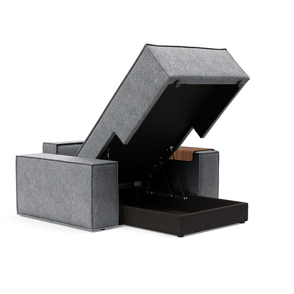 The Newilla Lounger Chair with Wide Arms from Innovation Living with twist granite 565 upholstery open showing the internal storage.