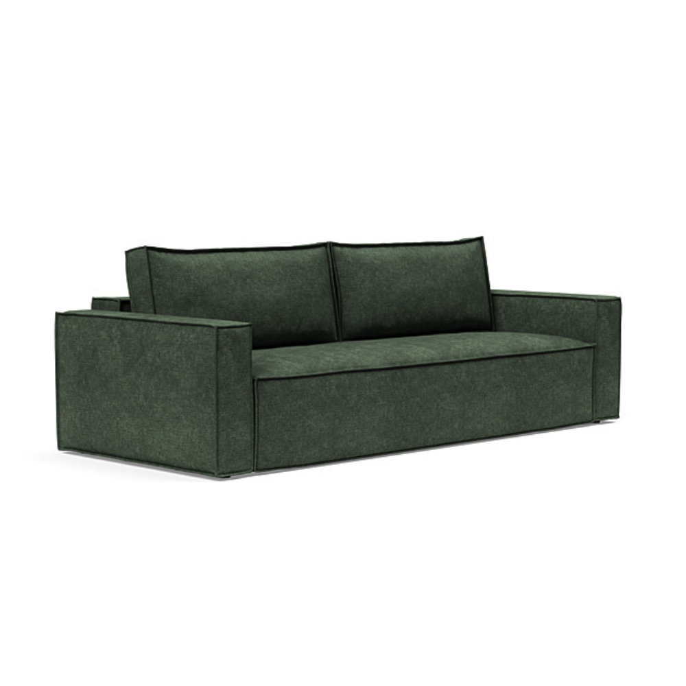 The Newilla Sleeper Sofa from Innovation Living with standard arms and avella pine green 281 upholstery setup as a sofa.