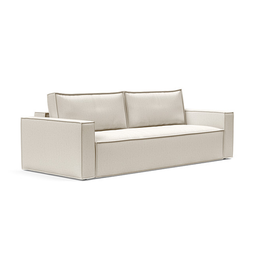 The Newilla Sleeper Sofa from Innovation Living with standard arms and boucle off white 531 upholstery setup as a sofa.