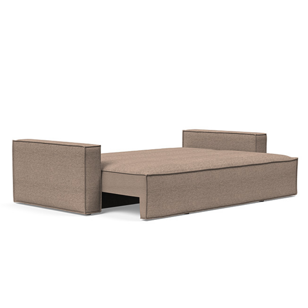 The Newilla Sleeper Sofa from Innovation Living with standard arms and halifax wicker 367 upholstery setup as a bed.