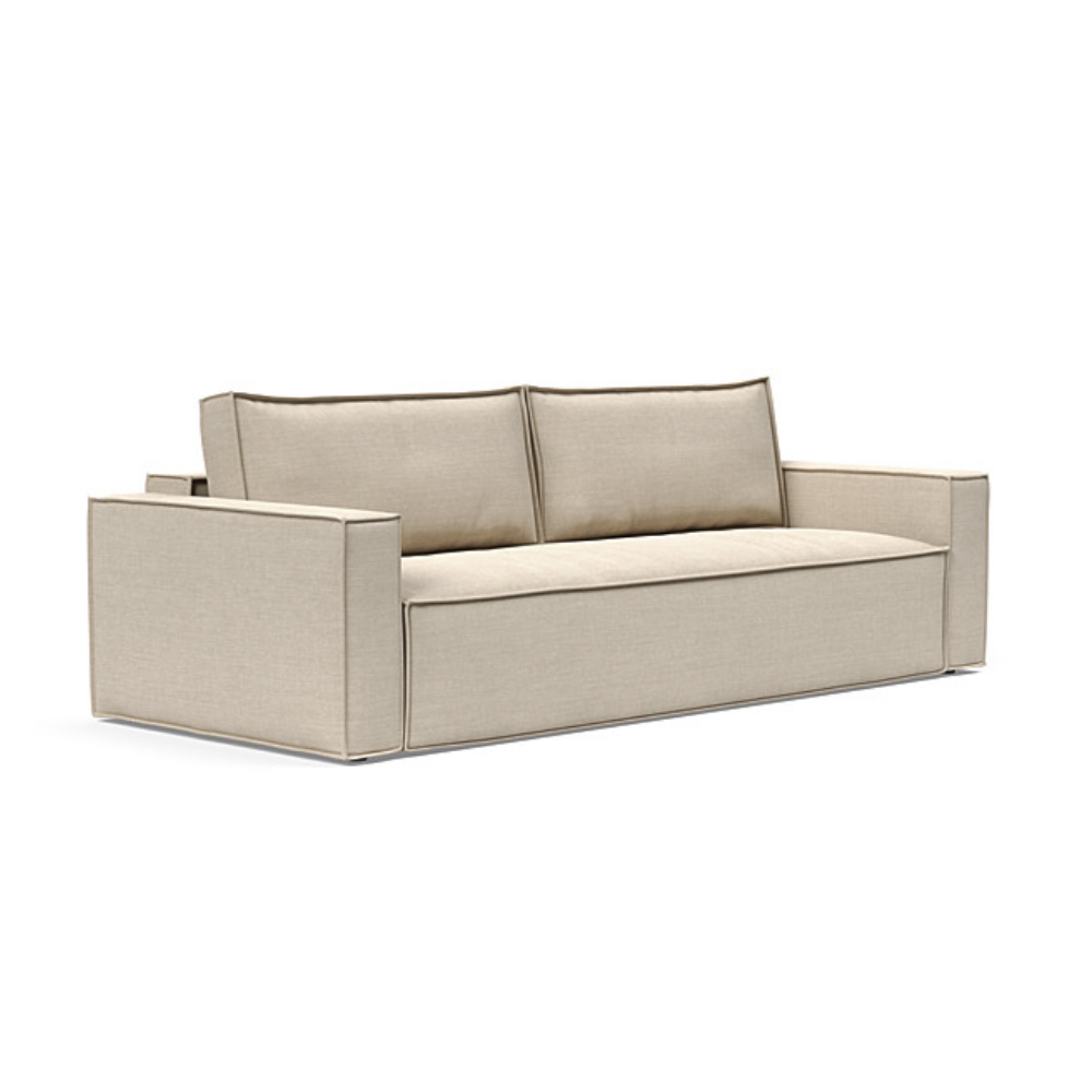 The Newilla Sleeper Sofa from Innovation Living with standard arms and phobos latte 586 upholstery setup as a sofa.