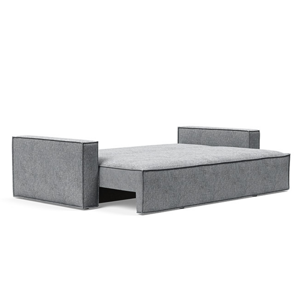 The Newilla Sleeper Sofa from Innovation Living with standard arms and twist granite 565 upholstery setup as a bed.