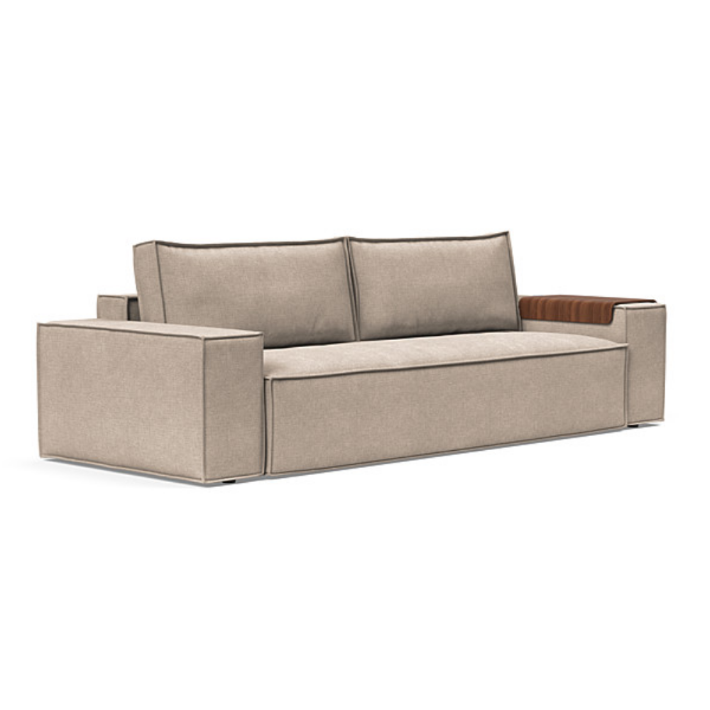 The Newilla Sleeper Sofa from Innovation Living with wide arms and adario taupe 257 upholstery setup as a sofa.