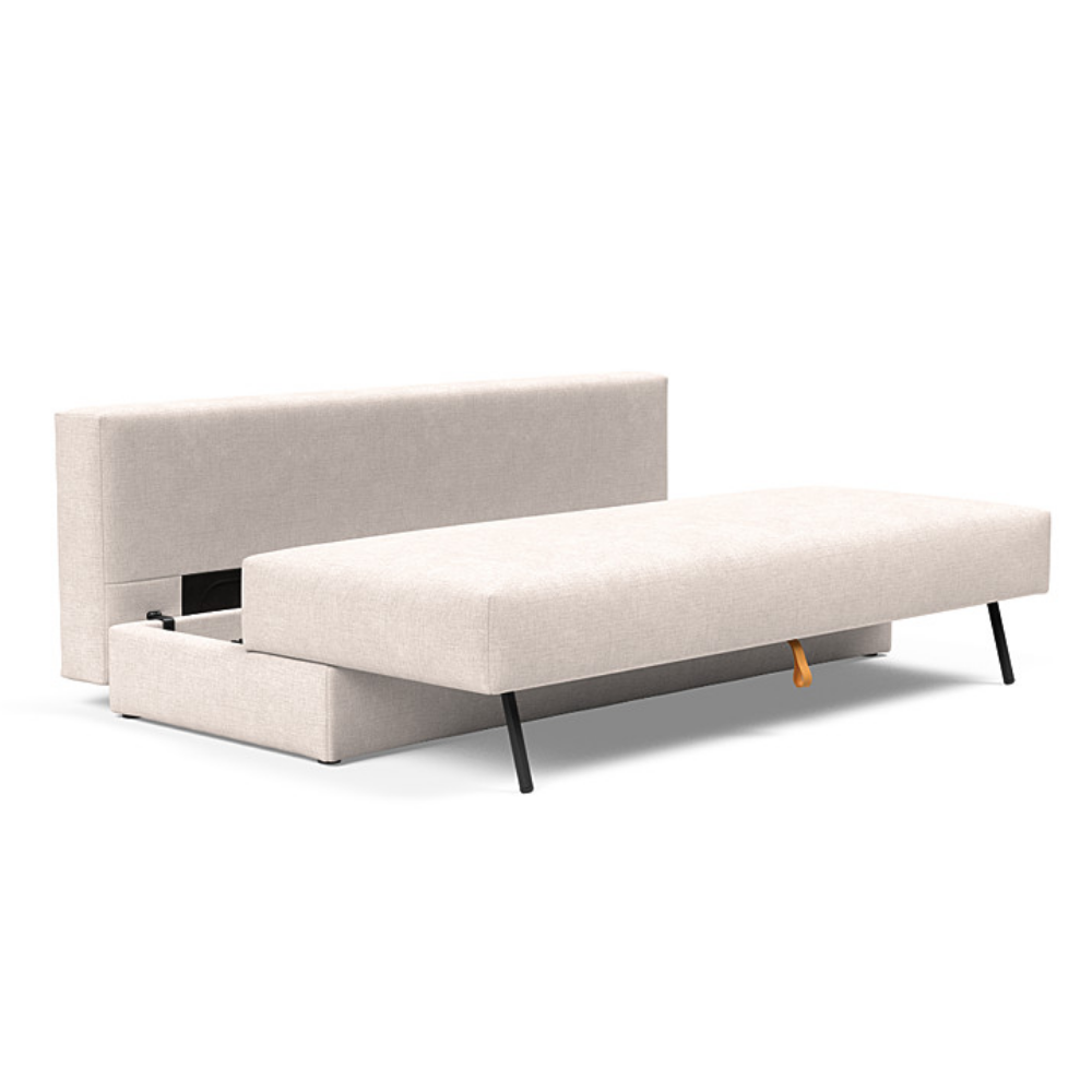 The Osvald Sofa Bed from Innovation Living with adario basmati 255 upholstery showing the internal storage space of the couch.