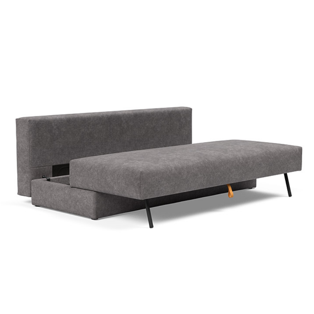 The Osvald Sofa Bed from Innovation Living with avella warm grey 282 upholstery showing the internal storage space available.