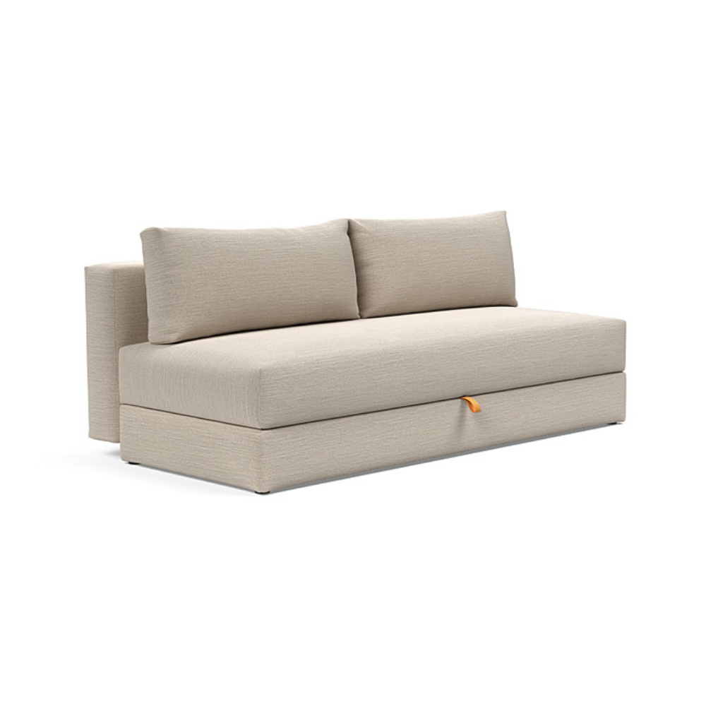 The Osvald Sofa Bed from Innovation Living with blida sand grey 612 upholstery setup as a sofa.