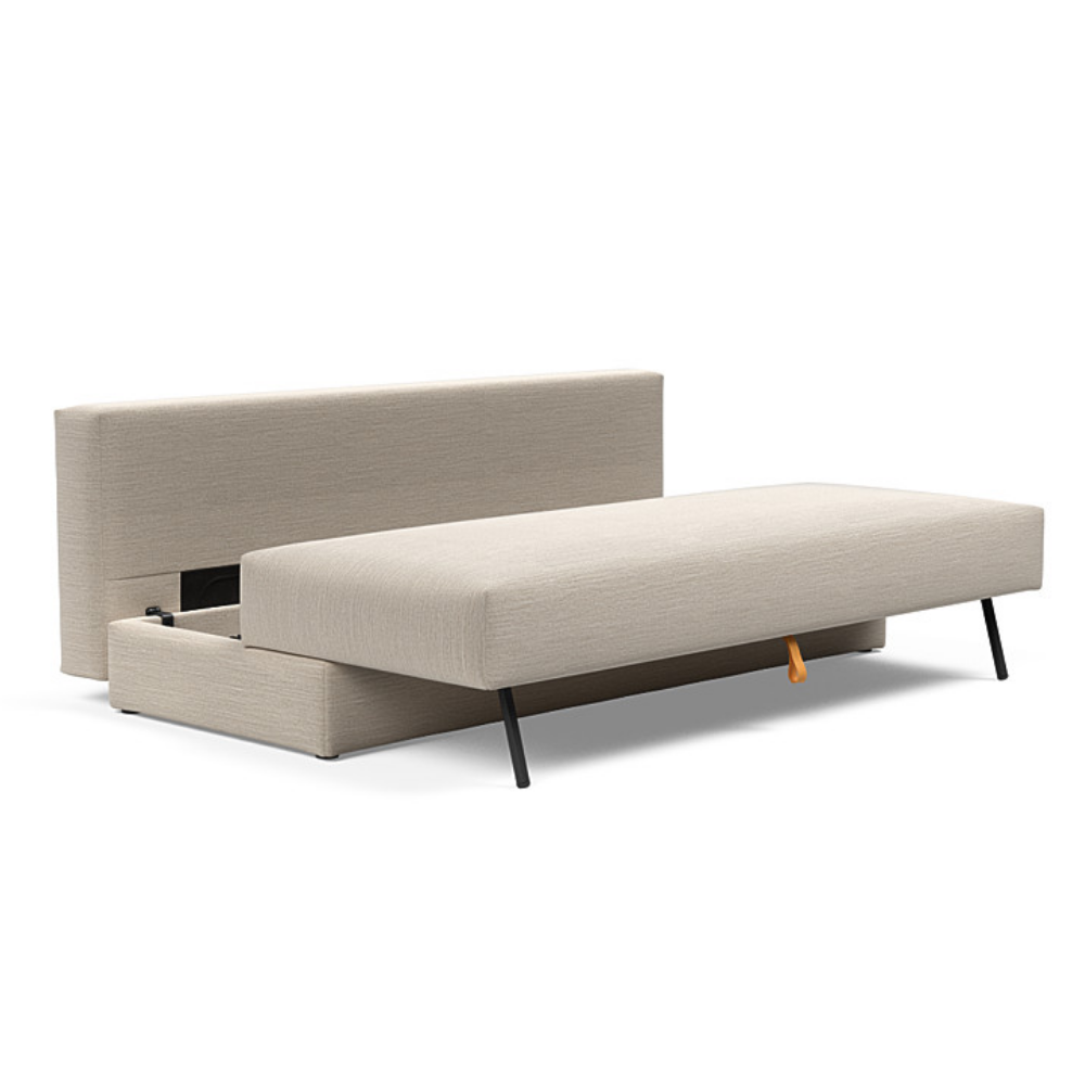 The Osvald Sofa Bed from Innovation Living with blida sand grey 612 upholstery showing the storage space.