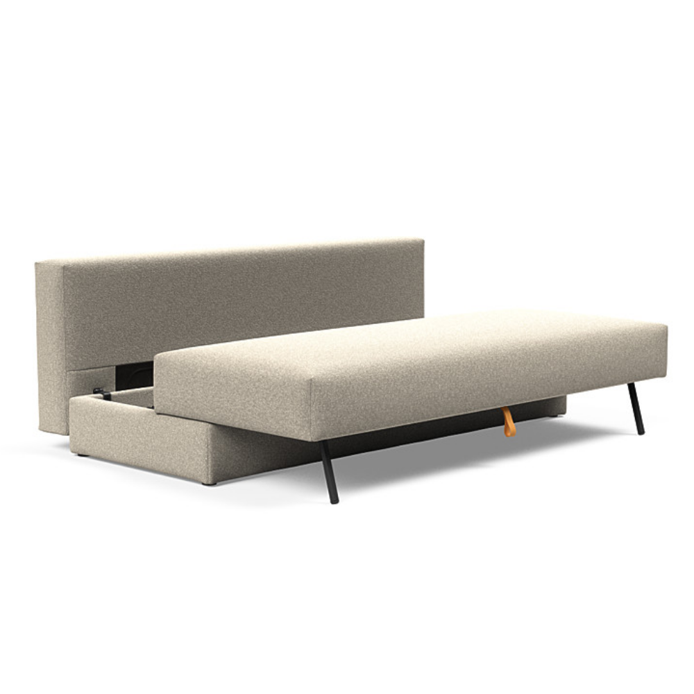 The Osvald Sofa Bed from Innovation Living with boucle beige 539 upholstery showing the storage.