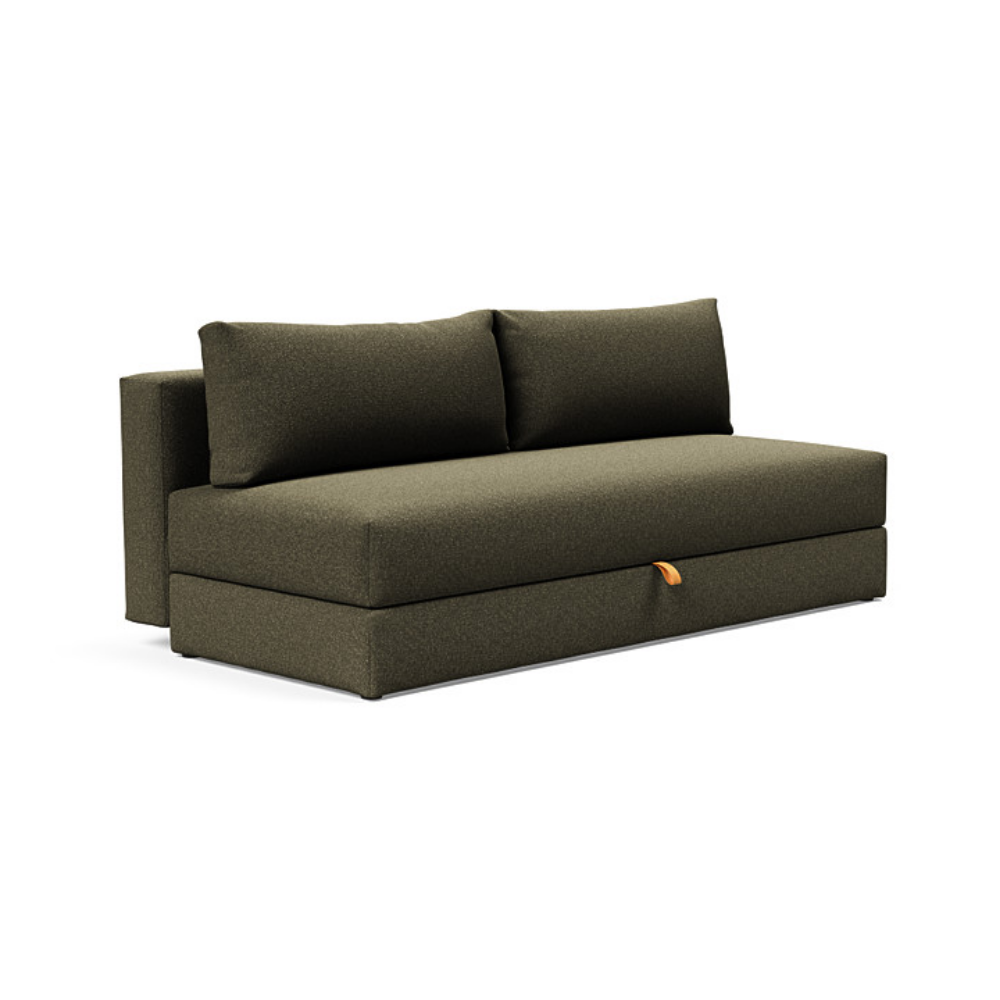The Osvald Sofa Bed from Innovation Living with boucle forest green 535 upholstery setup as a sofa.