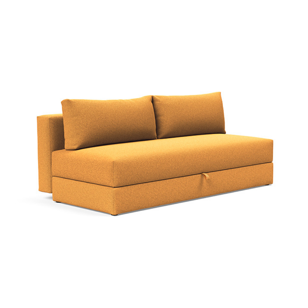 The Osvald Sofa Bed from Innovation Living with boucle ochre 536 upholstery setup as a sofa.