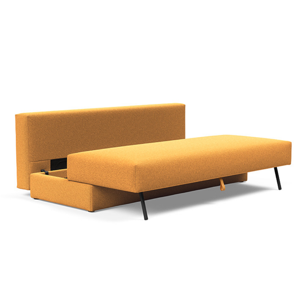 The Osvald Sofa Bed from Innovation Living with boucle ochre 536 upholstery showing the internal storage.