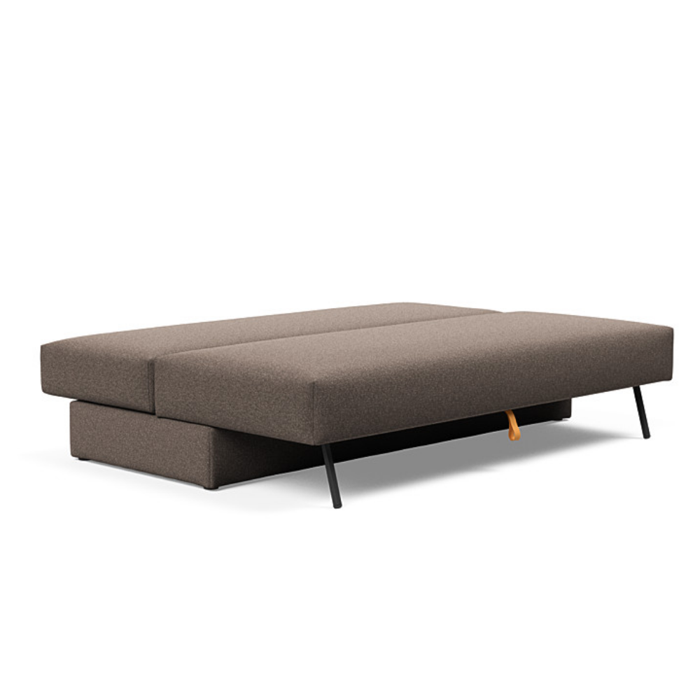 The Osvald Sofa Bed from Innovation Living with boucle taupe 530 upholstery setup as a bed.