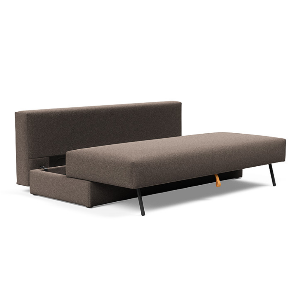The Osvald Sofa Bed from Innovation Living with boucle taupe 530 upholstery showing the space saving storage unit.