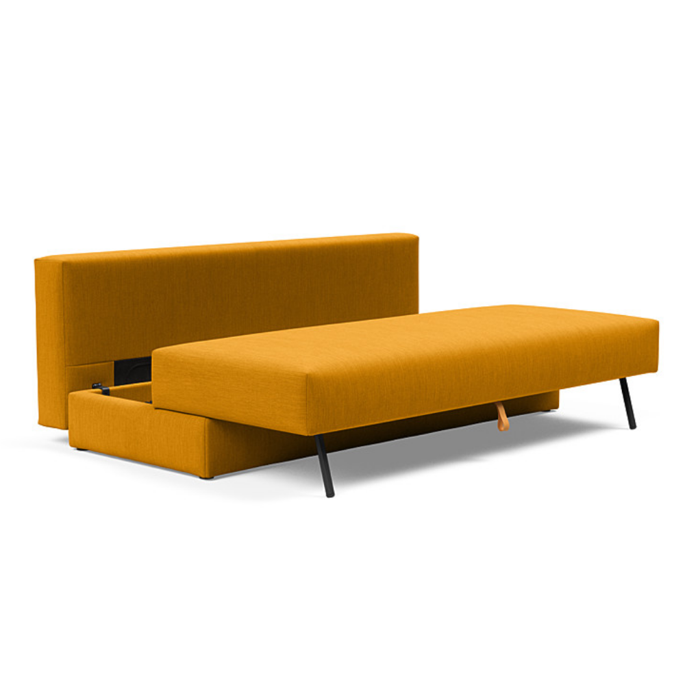 The Osvald Sofa Bed from Innovation Living with elegance burned curry 507 upholstery showing the storage space while being converted into a bed.