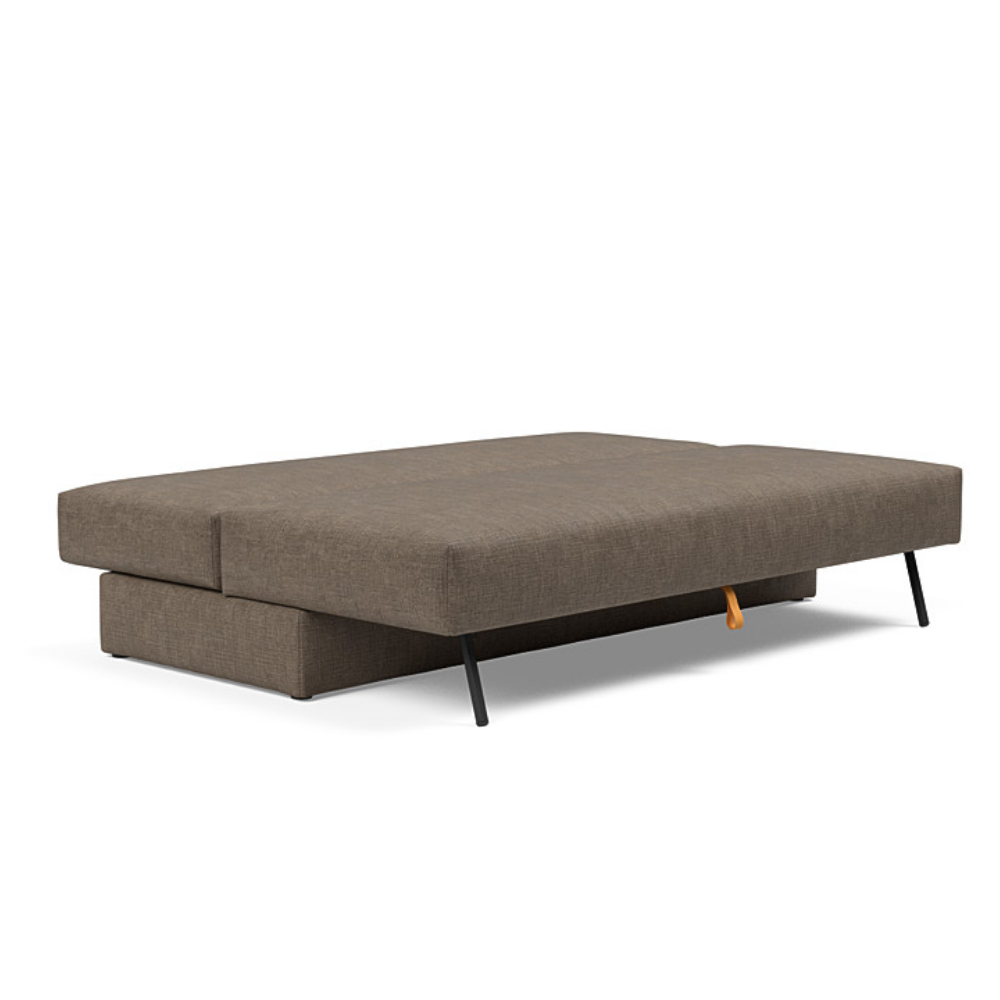The Osvald Sofa Bed from Innovation Living with esina cedar brown 411 upholstery setup as a bed.