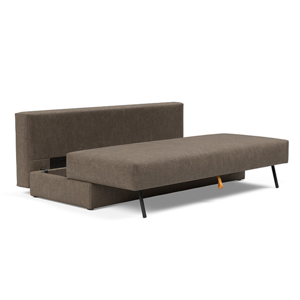 The Osvald Sofa Bed from Innovation Living with esina cedar brown 411 upholstery showing the storage space.