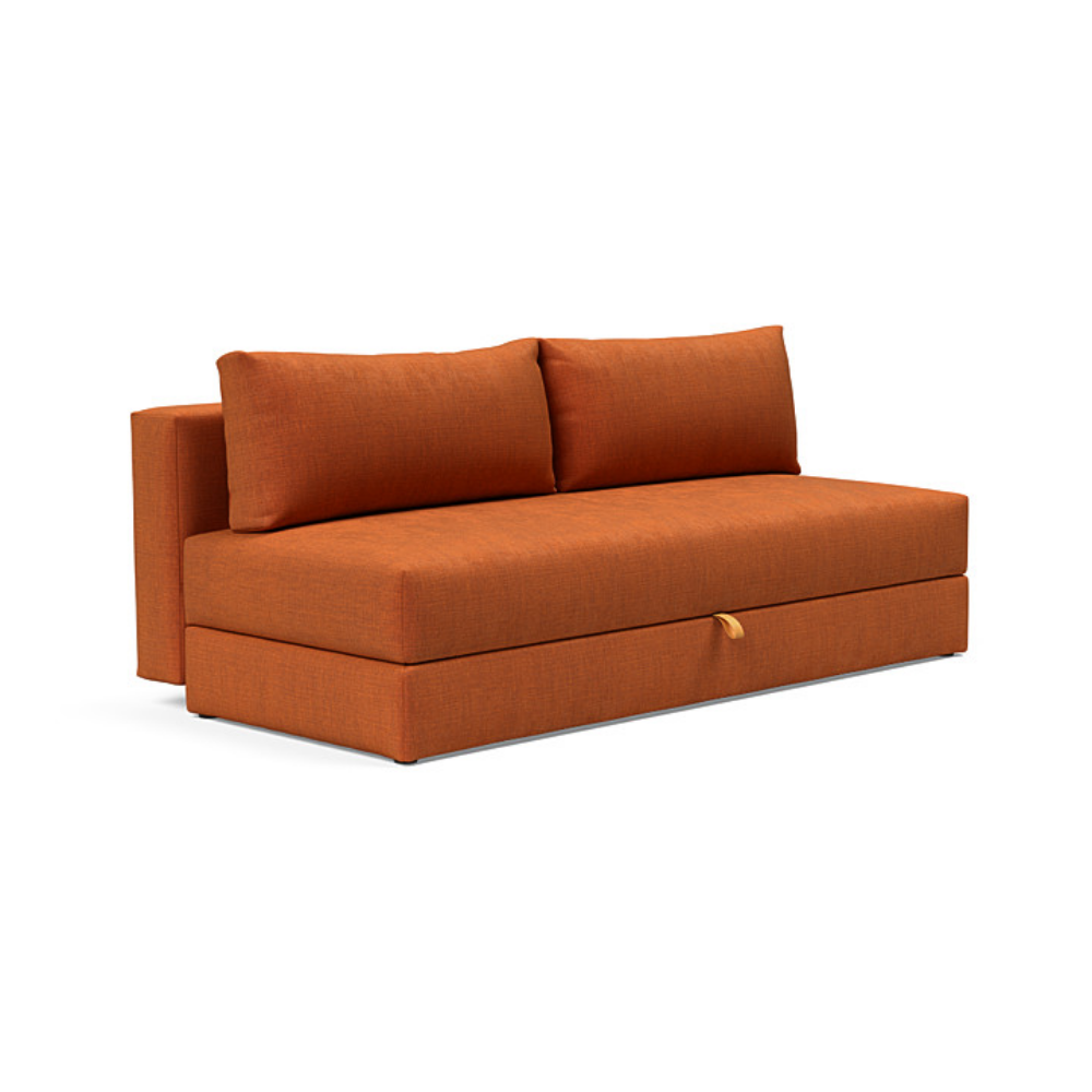 The Osvald Sofa Bed from Innovation Living with esina rust orange 412 upholstery setup as a sofa.